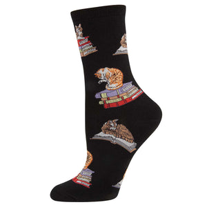 W Cats on Books Black Sock