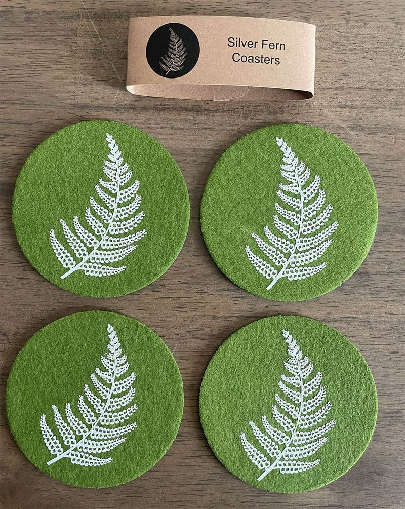Silver Fern on Green Set of 4 Eco Felt Coaster