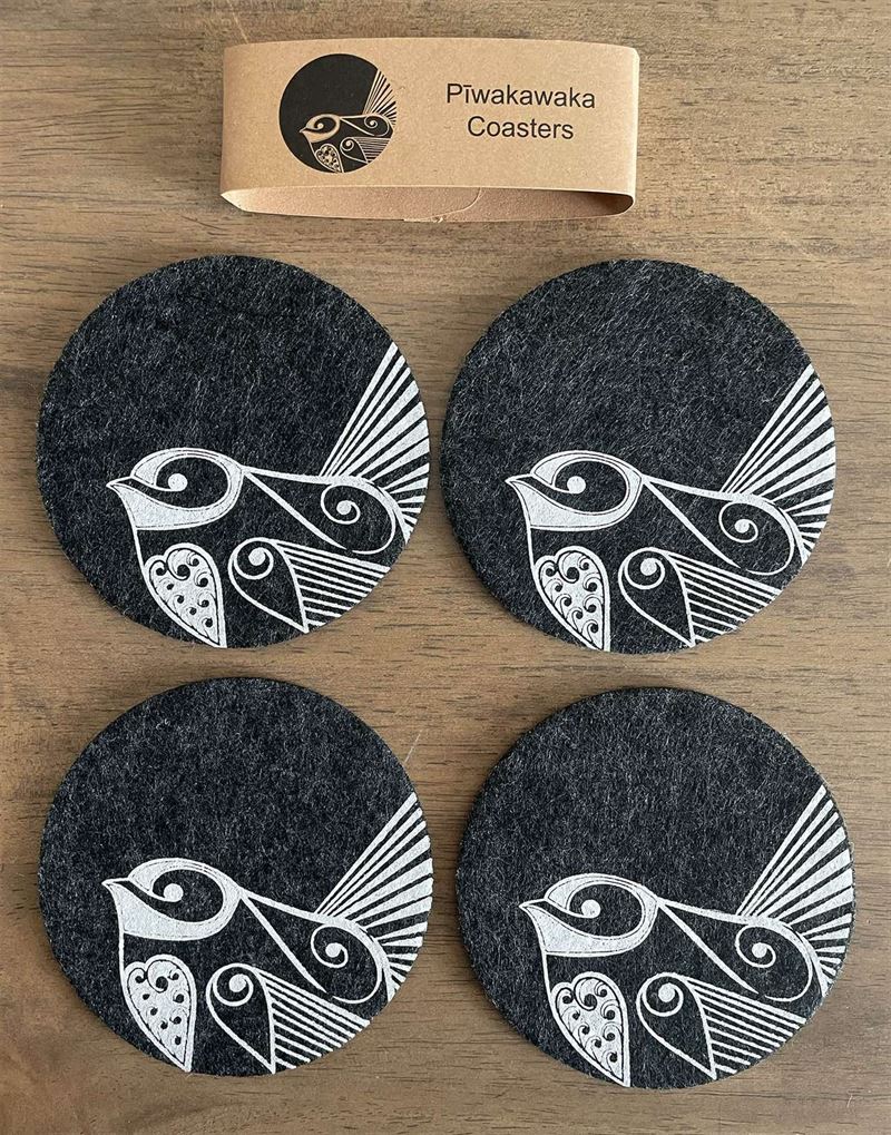 Piwakawaka on Dark Grey Set of 4 Eco Felt Coaster