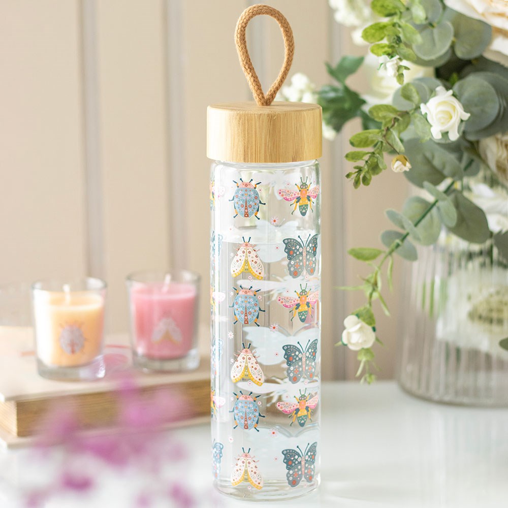 Floral Bug Glass Water Bottle