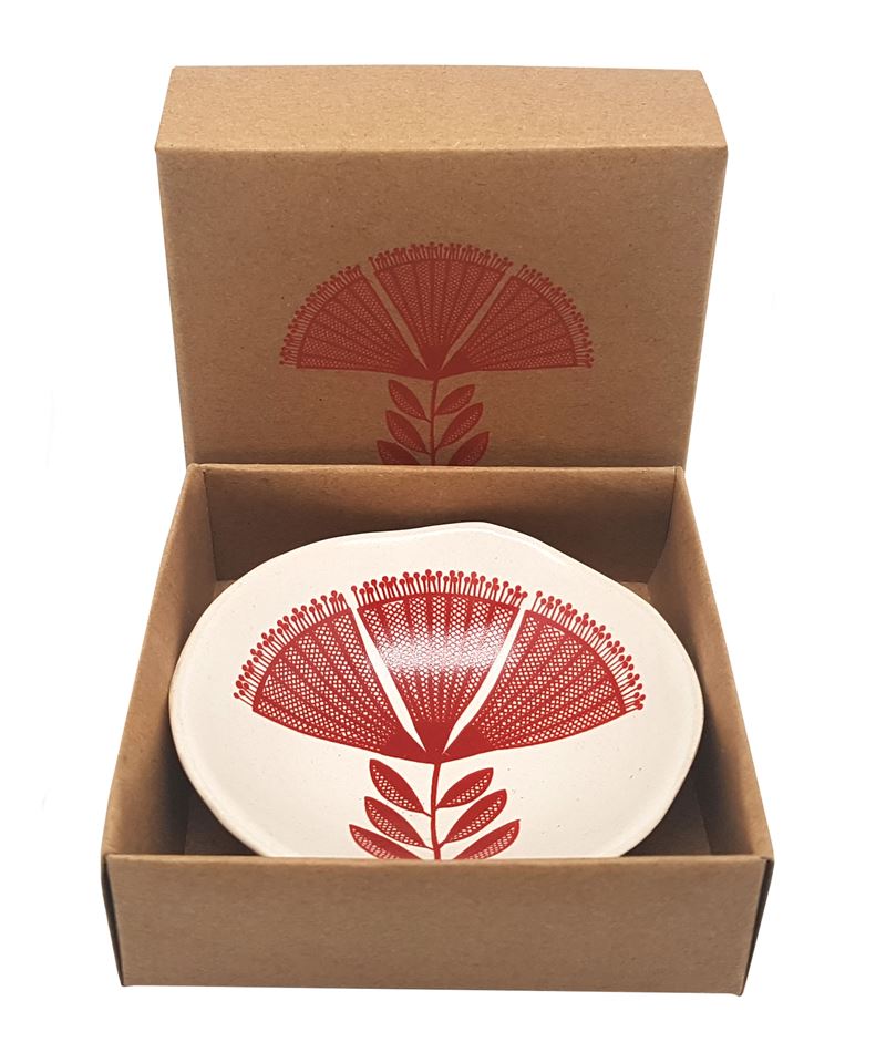 Red Pohutukawa Lace on White 7cm Porcelain Bowl