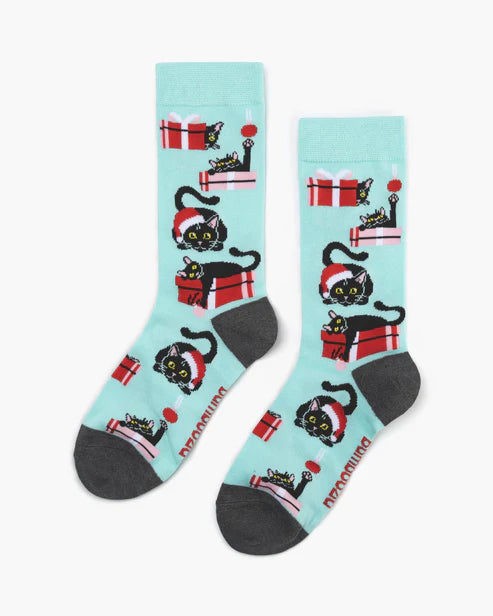W Meowy Mint Christmas Bamboo Socks
