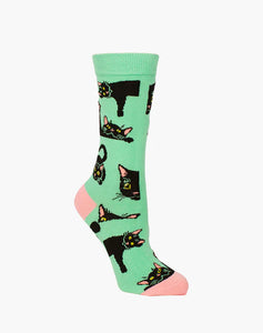 W Black Cat Green Bamboo Sock