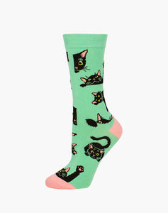 W Black Cat Green Bamboo Sock