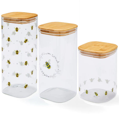 Bumble Bees Glass Jar with Push Bamboo Lid Assorted Sizes