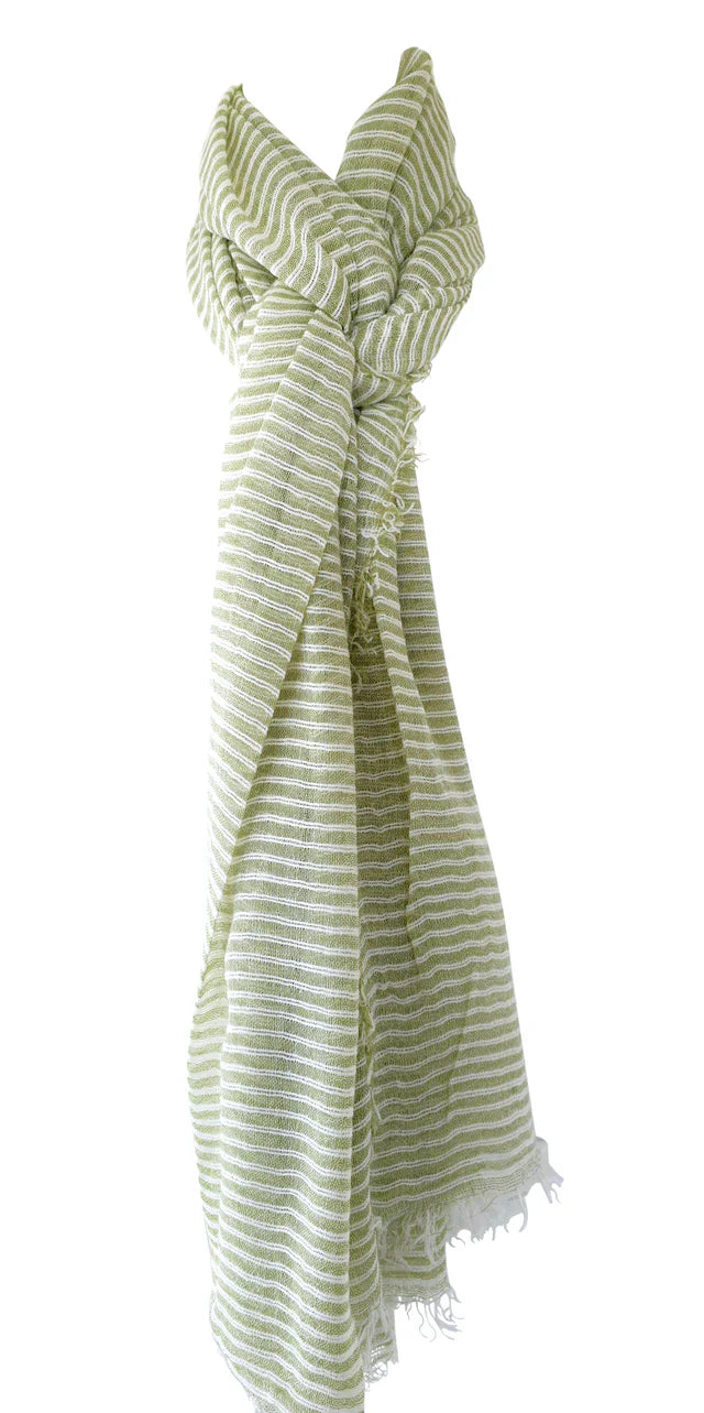Cotton Linen Green Narrow Stripe Scarf