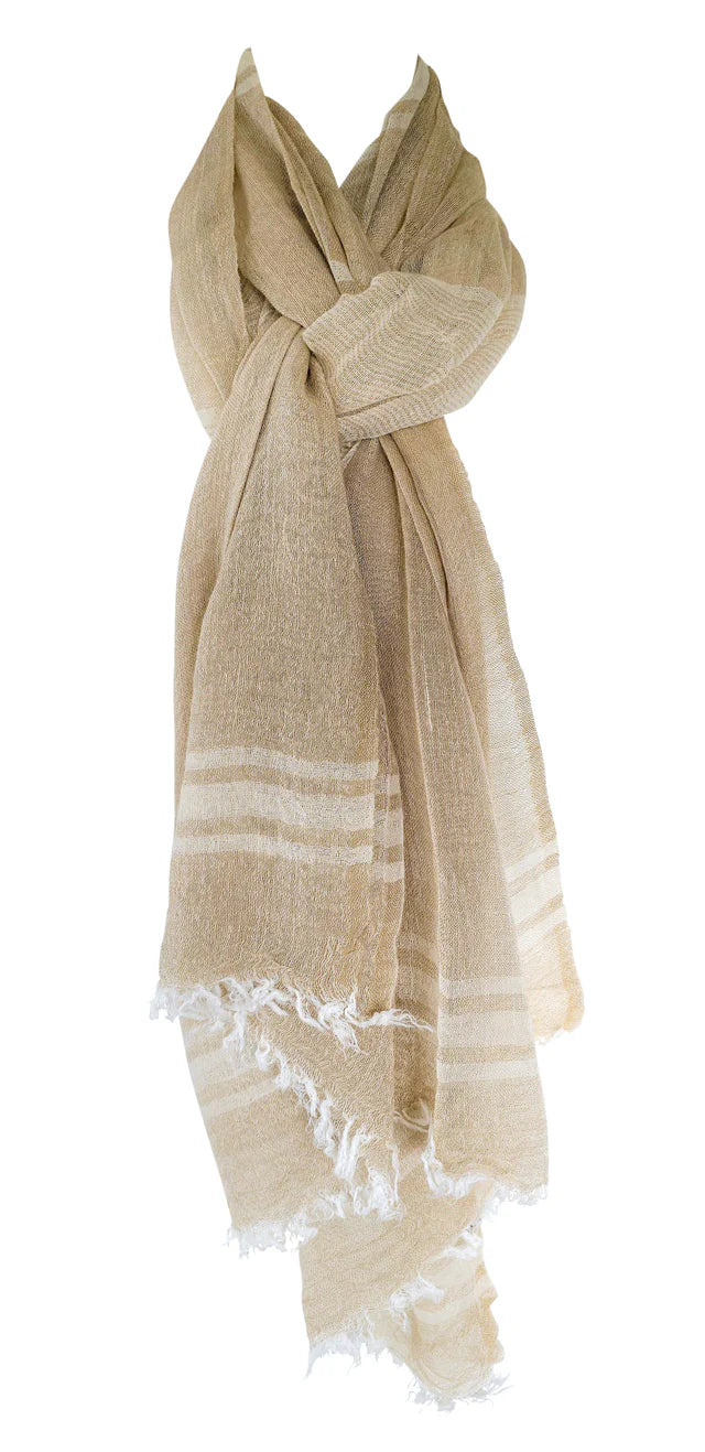Cotton Linen Wide Stripe Brown Scarf
