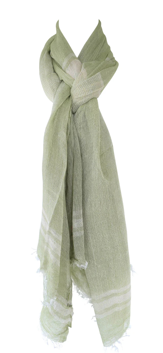 Cotton Linen Wide Stripe Green Scarf