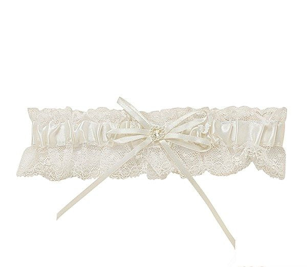 Ivory Satin & Lace Pearl Heart Diamante Garter