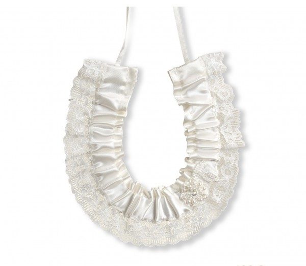 Ivory Satin Horseshoe Lace Edge, Pearl & Diamante Flower