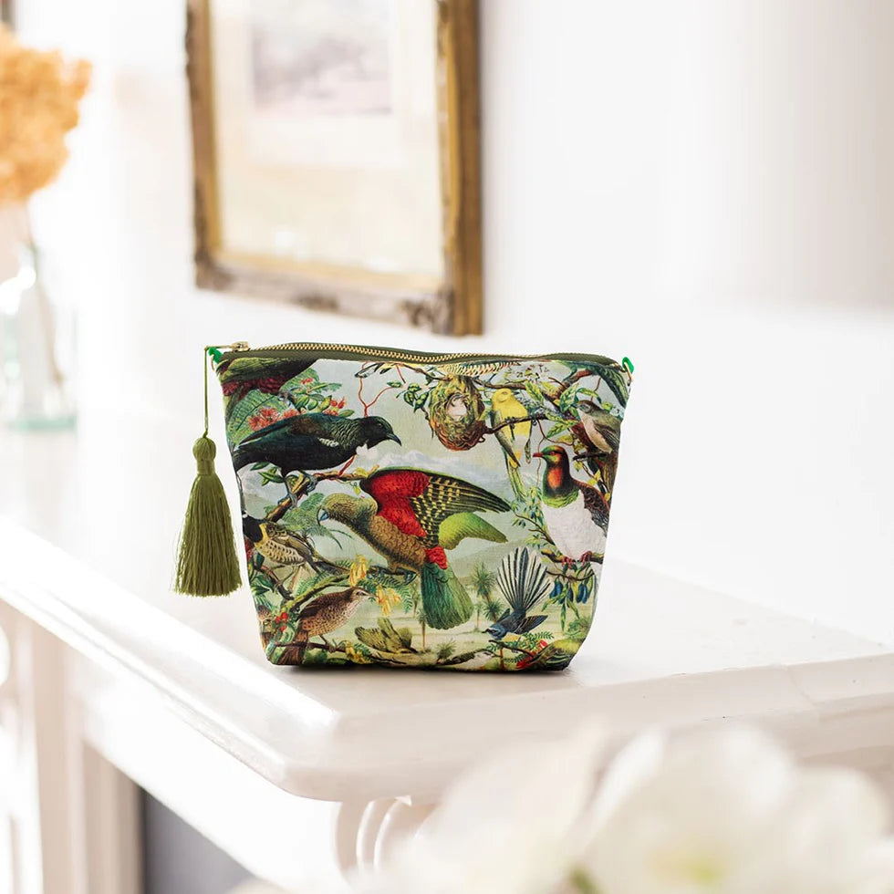 NZ Native Birds Velvet Cosmetic Bag