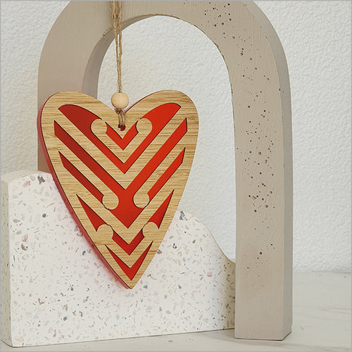Hanging Heart 5 Koru Red Satin