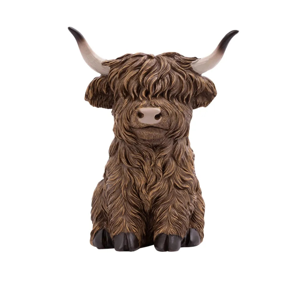Rustic Meadow Highland Cow Sitting Statue