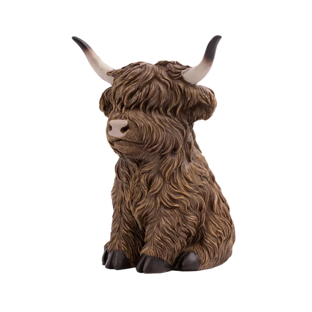 Rustic Meadow Highland Cow Sitting Statue