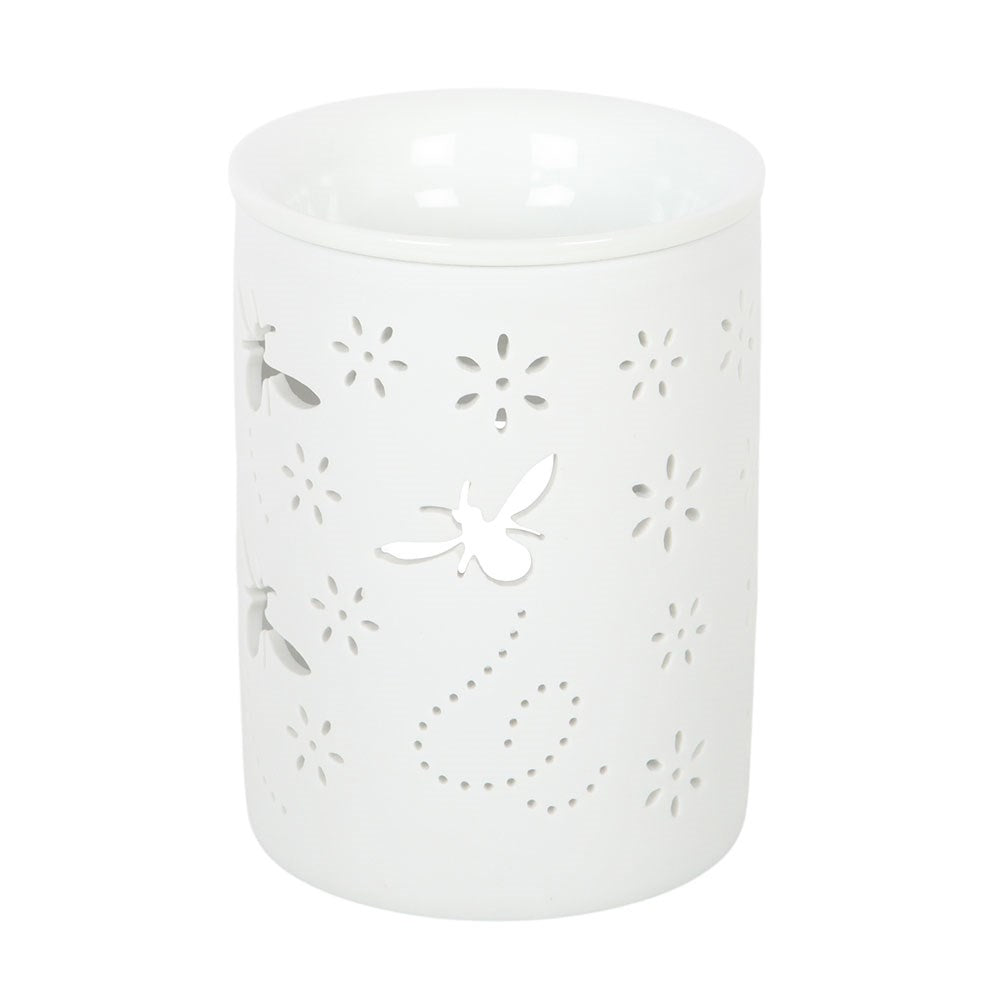 White Allover Bee & Flower Cut Ceramic Wax/Oil Burner