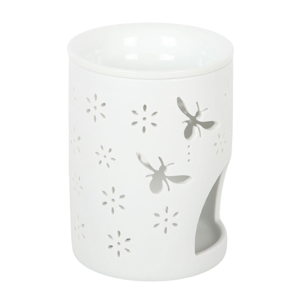 White Allover Bee & Flower Cut Ceramic Wax/Oil Burner