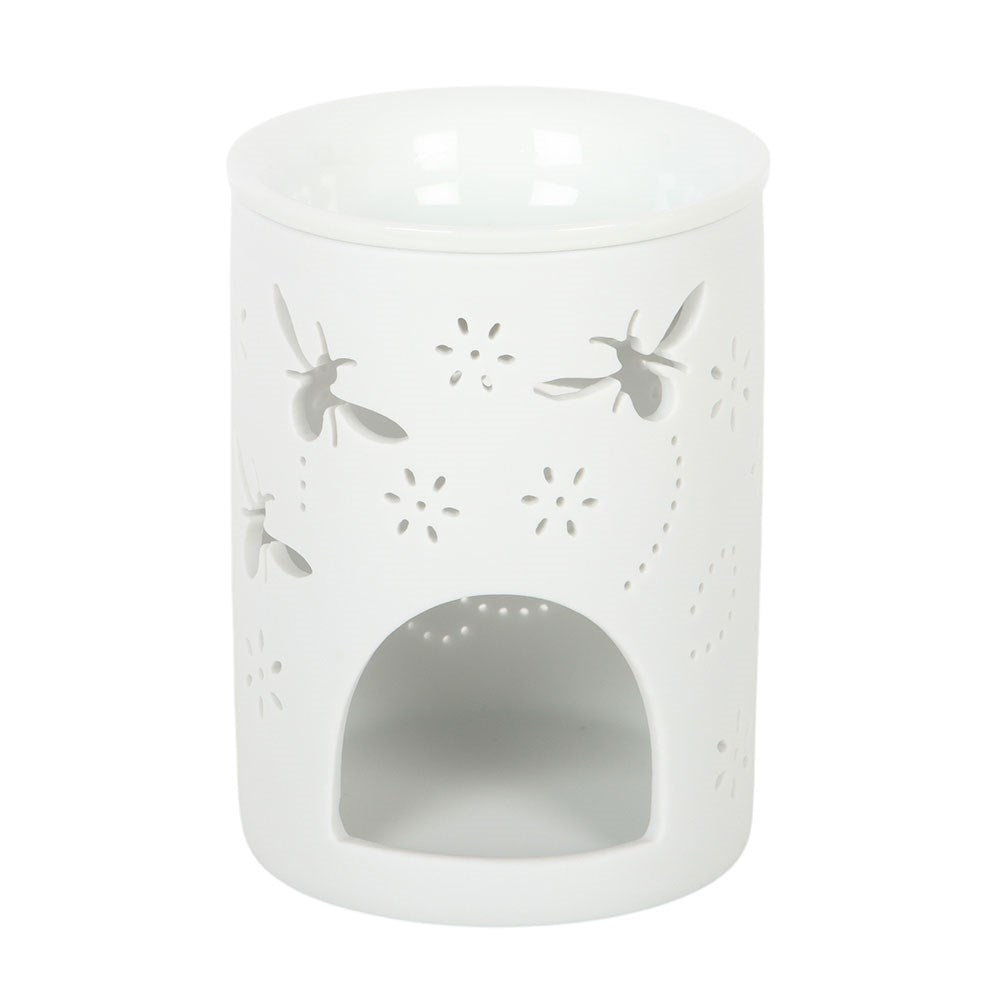 White Allover Bee & Flower Cut Ceramic Wax/Oil Burner