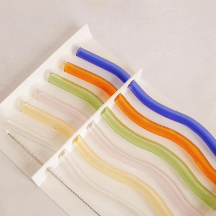 Reusable Glass Straws Set 6 Wavy Multi