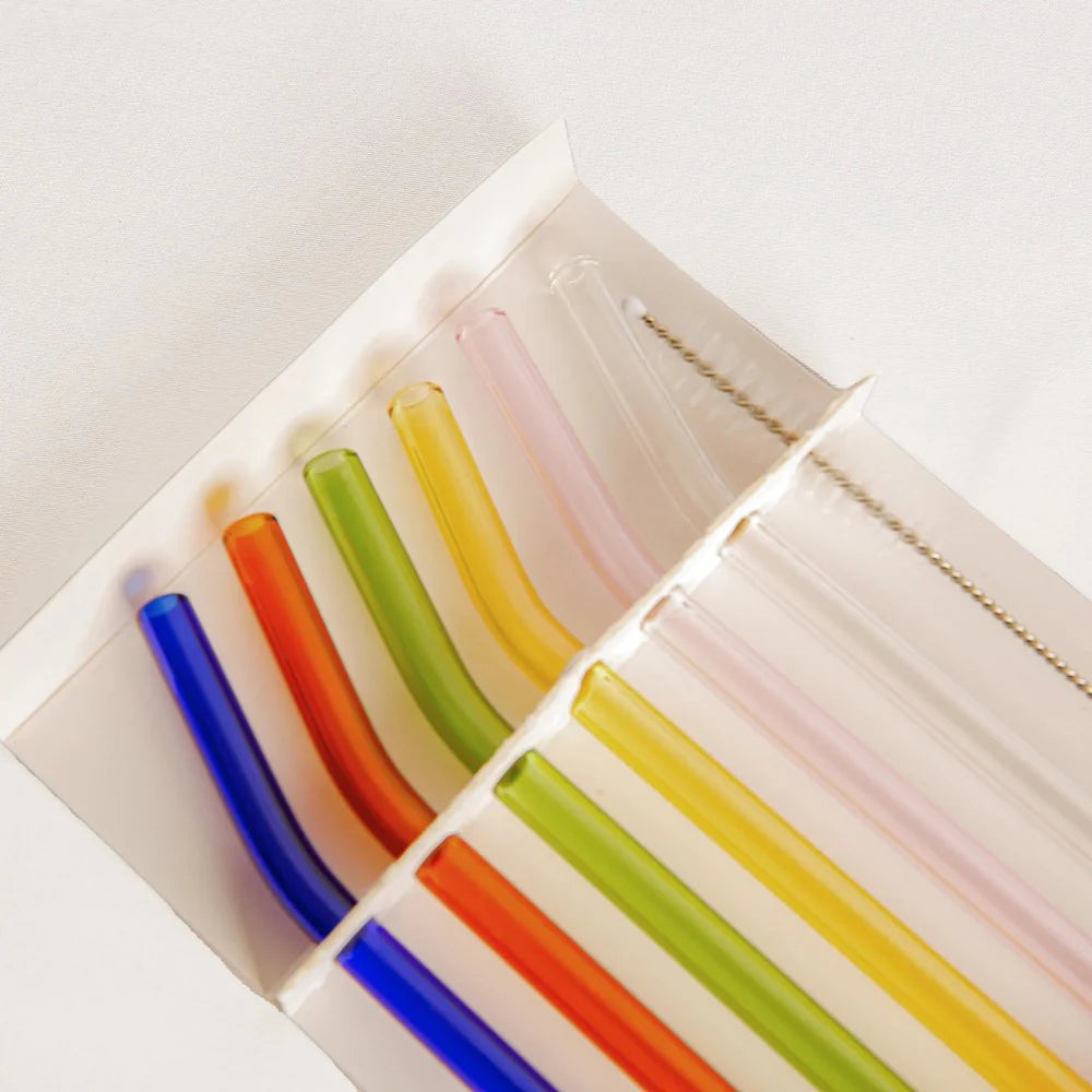 Reusable Glass Straws Set of 6 Long Bend Multi