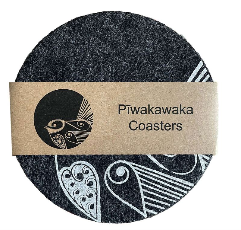 Piwakawaka on Dark Grey Set of 4 Eco Felt Coaster