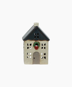Christmas Tea Light House Blue with Wreath Small