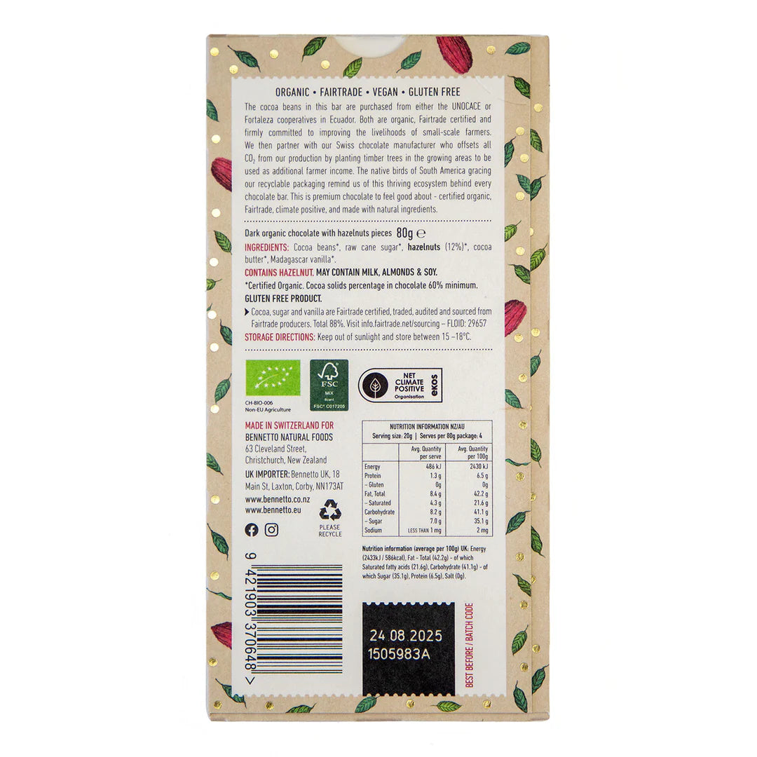 Fairtrade Toasted Hazelnut Bennetto Chocolate 80gm