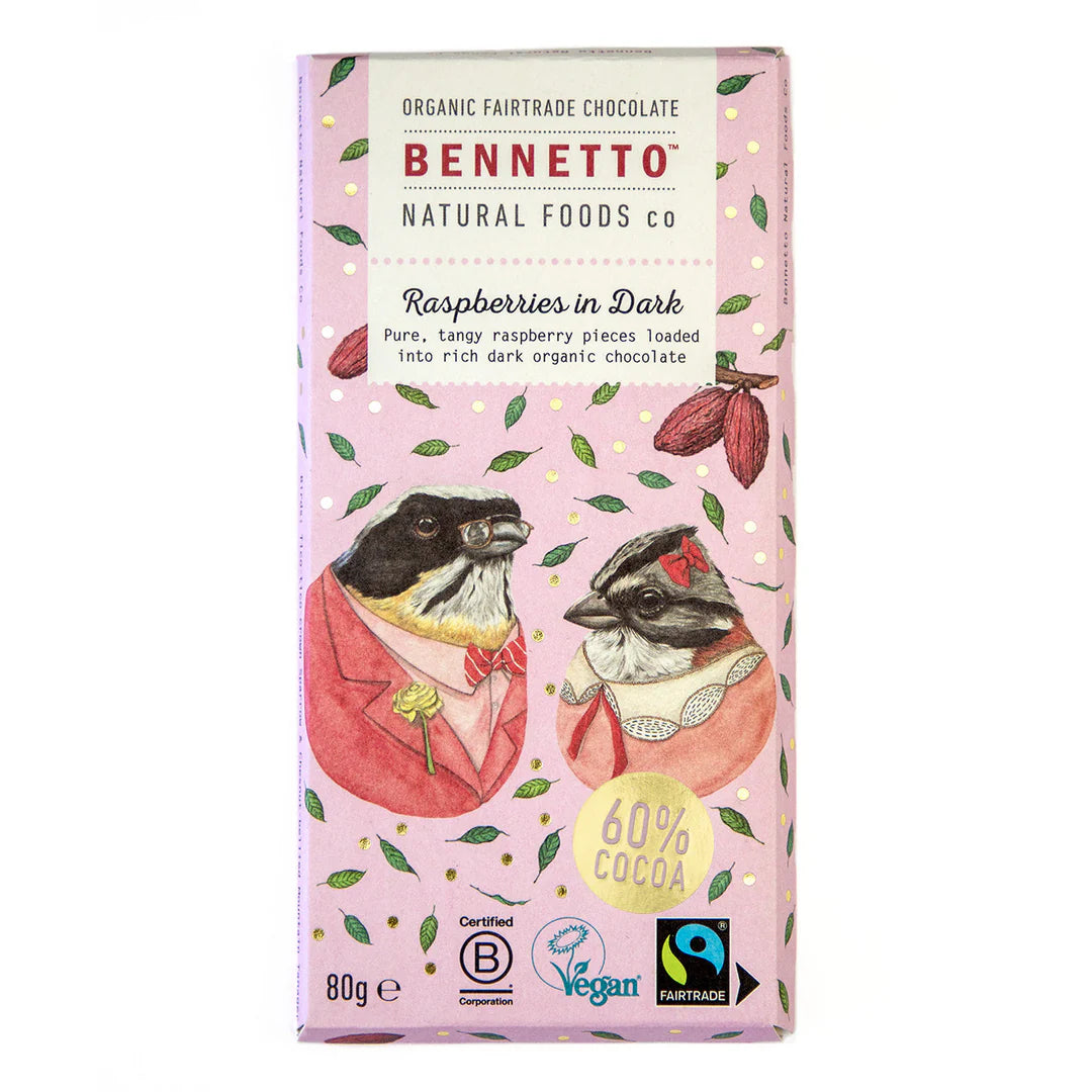 Fairtrade Choc Raspberry Dark Bennetto Chocolate 80gm