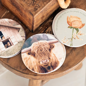 Rustic Meadow Cow Ceramic Coaster