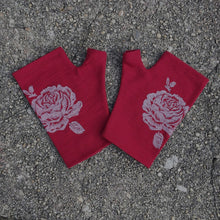 Load image into Gallery viewer, Red Hobo Length Rose Print Merino Fingerless Gloves