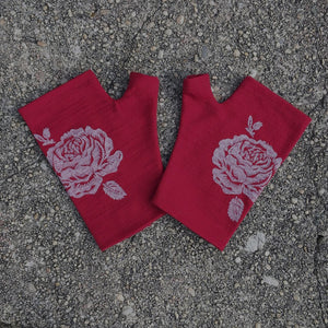 Red Hobo Length Rose Print Merino Fingerless Gloves