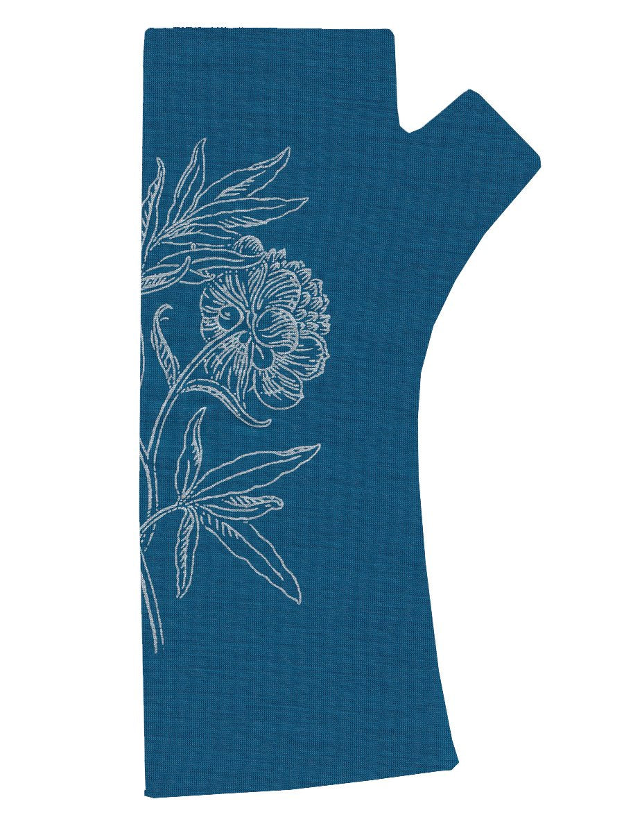 Teal Peony Silver Merino Fingerless Gloves