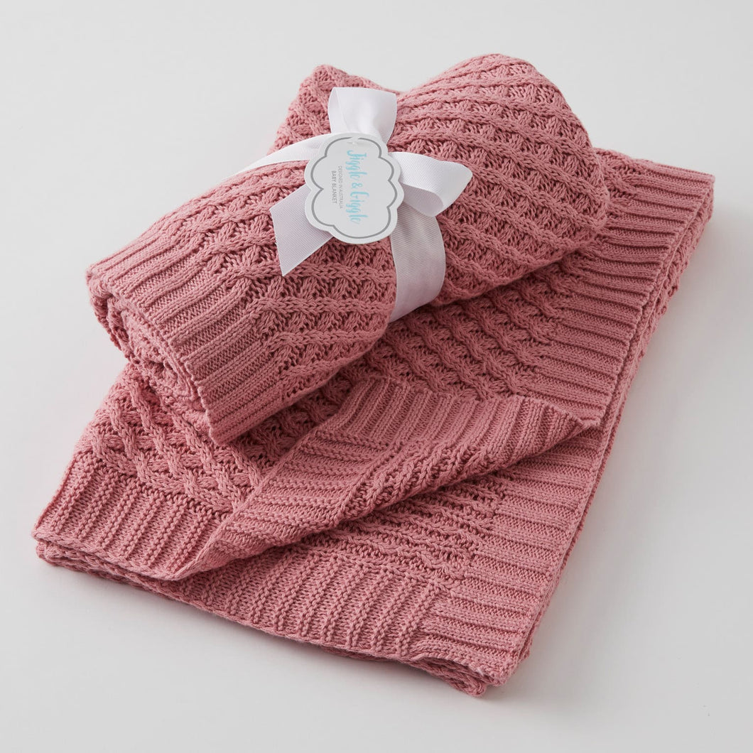 Blush Basket Weave Knit Blanket 100% Cotton