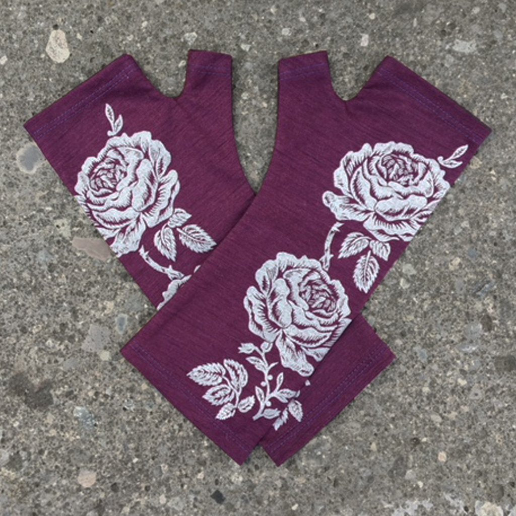 Purple Rose Print Merino Fingerless Gloves