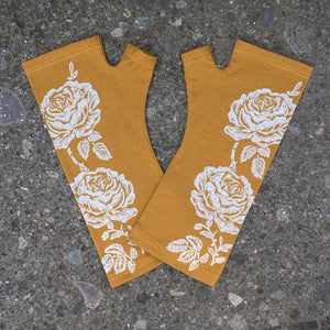 Mustard Rose Print Merino Fingerless Gloves