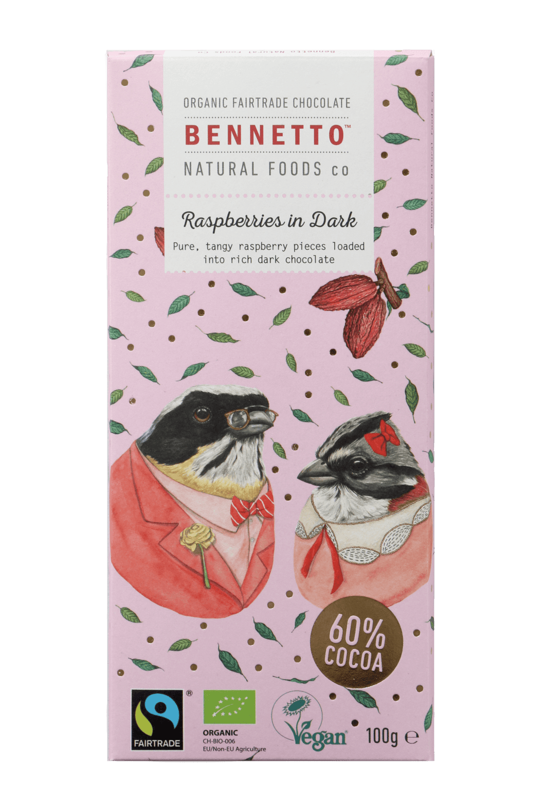 Fairtrade Bennetto Raspberries in Dark 100gm Chocolate Block
